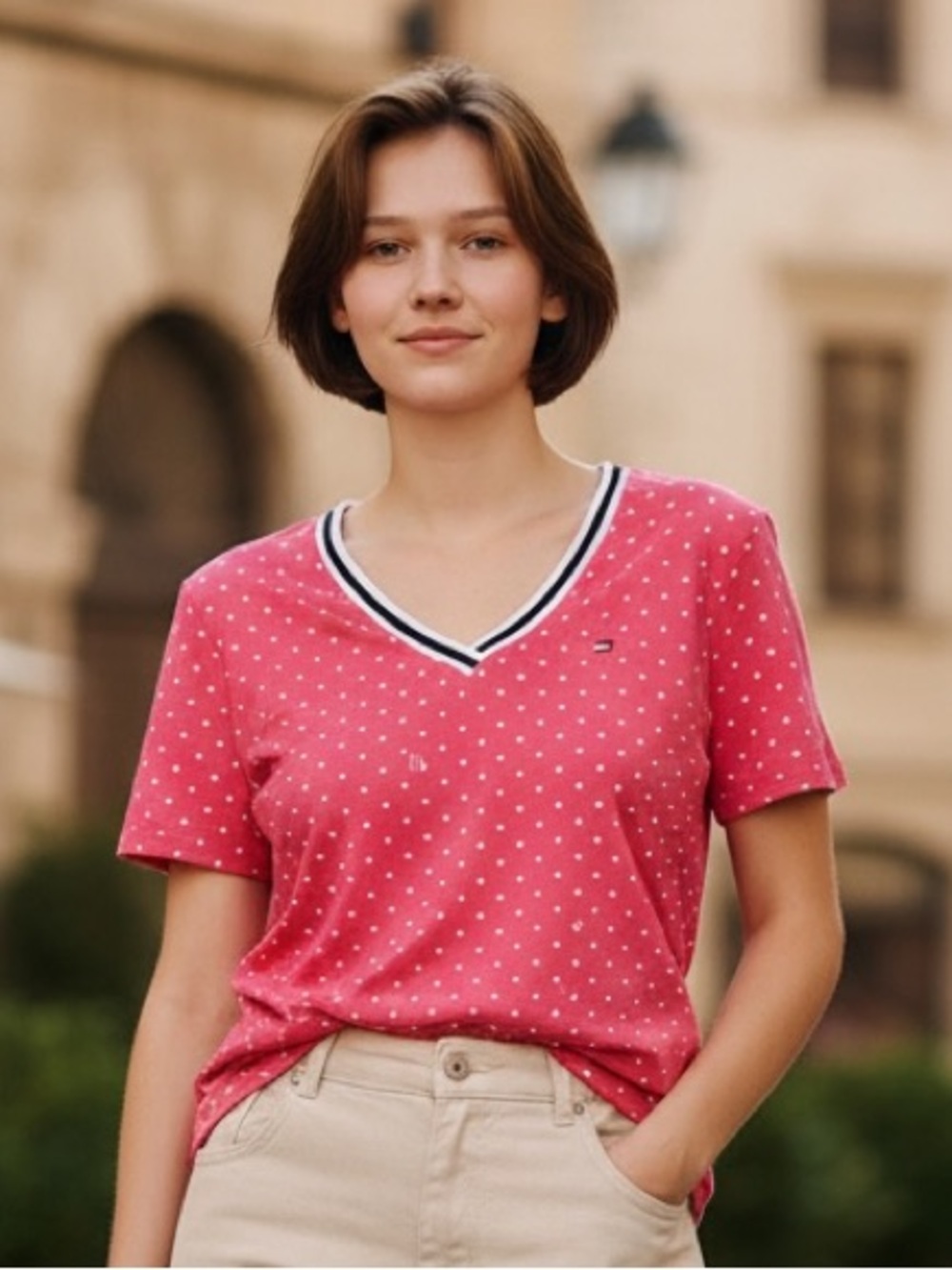 Tommy Hilfiger Pink Polka Dot V-Neck Short Sleeve Top NWT Size S